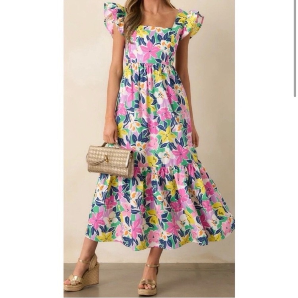 Floral Square-Neck Maxi Dress in Pink & Yellow